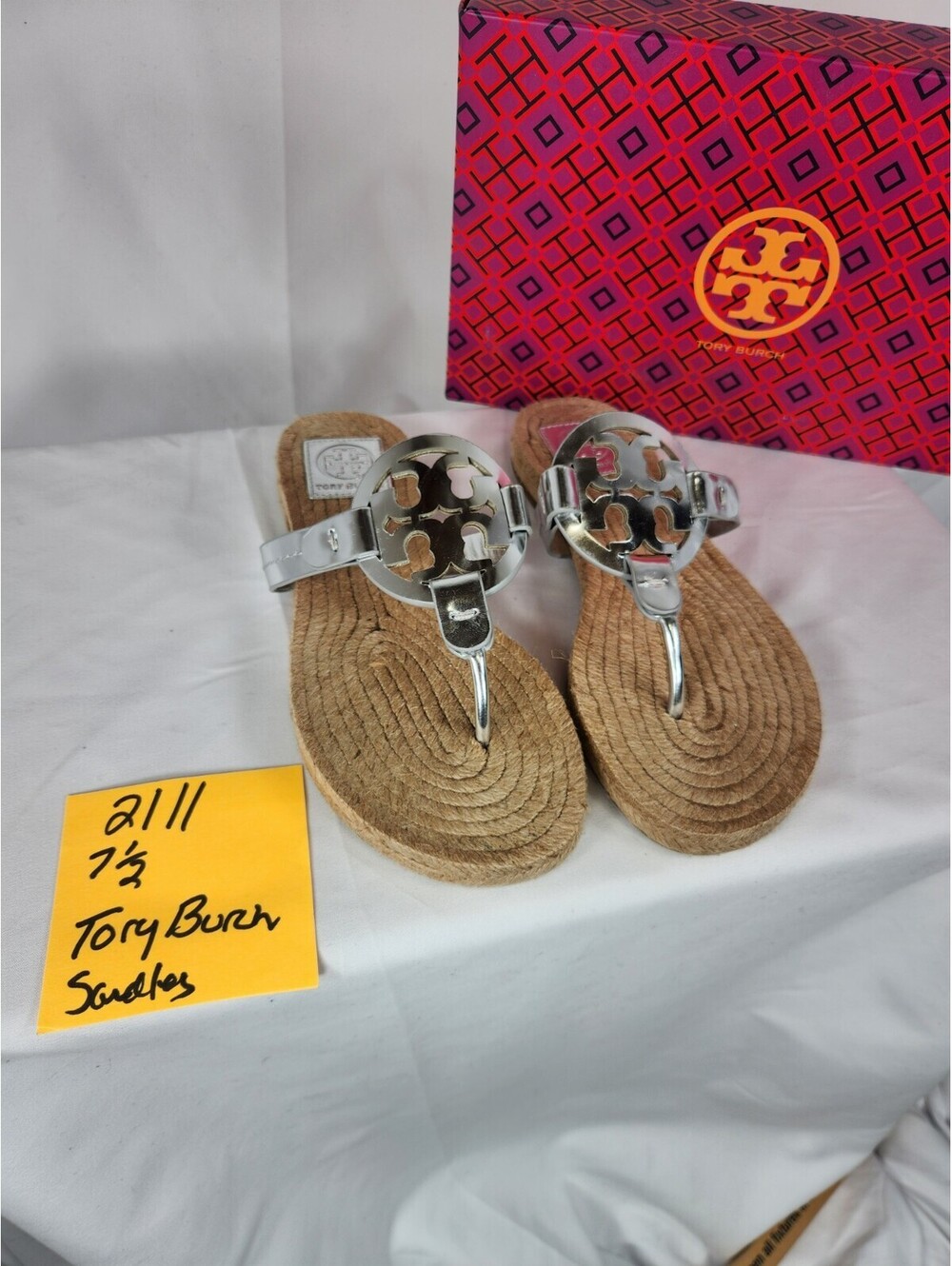 NIB Tory Burch Miller Metallic Silver Espadrille Thong Sandals Size 7.5